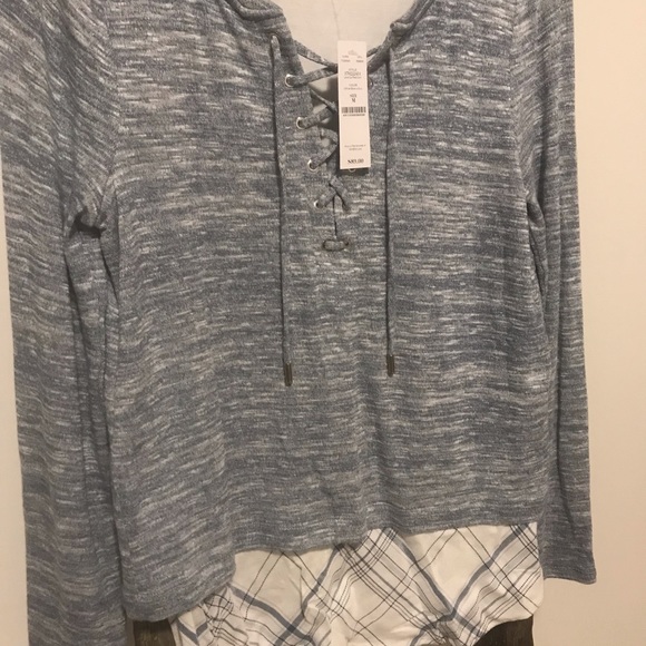 WHBM Blue Plaid Hem Lace-Up Pullover Top - Picture 3 of 5